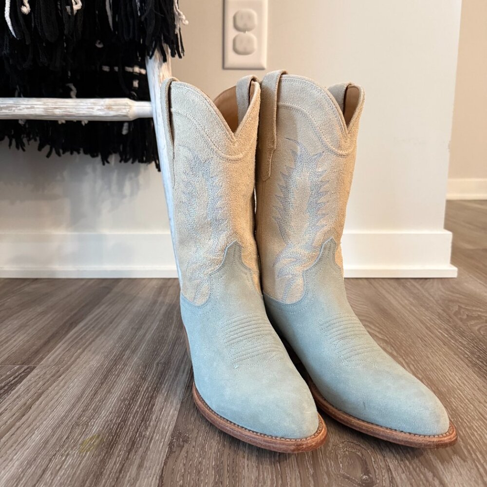 Tecovas Women's Josie Boots in Light Blue and Cream Suede